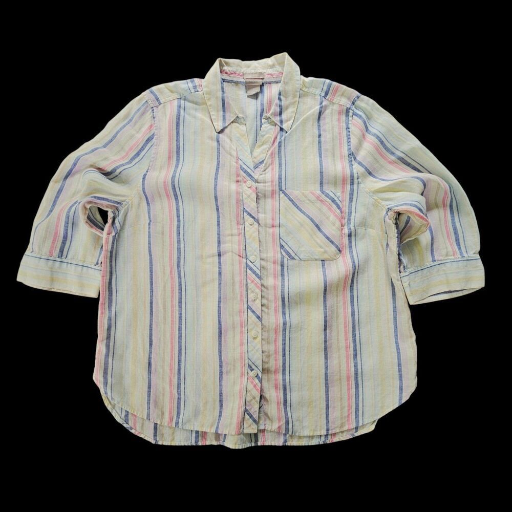 Chicos No Iron Linen Shirt Womens Size 3 Multicolor Stripe 3/4 Sleeve Top XL